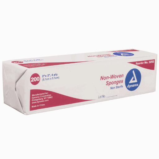 200 Gauze Sponges Dynarex 2 x 2 4 ply Non-Woven Bandages Wound Non-Sterile 3252
