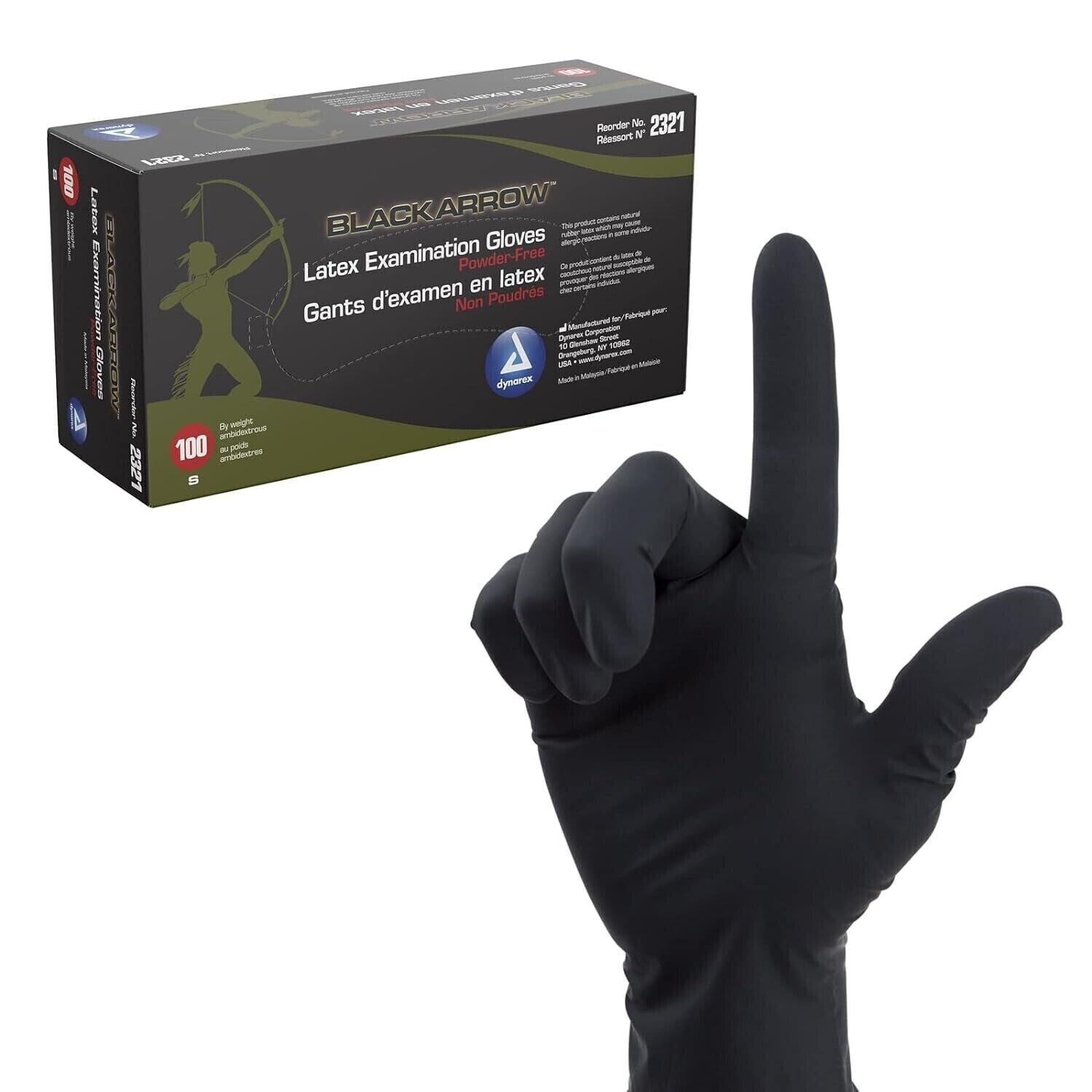Dynarex Black Arrow Latex Exam Gloves, Small, Powder Free, 100/box, 2321