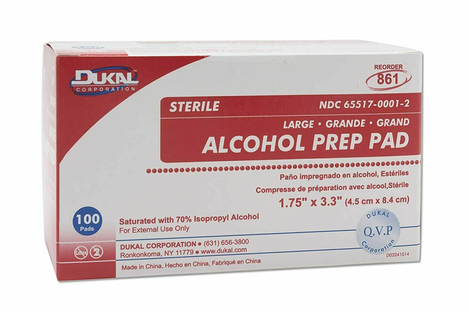 *100-Pieces* Dukal Alcohol Prep Pads 1.75" x 3.3" Large Sterile 861