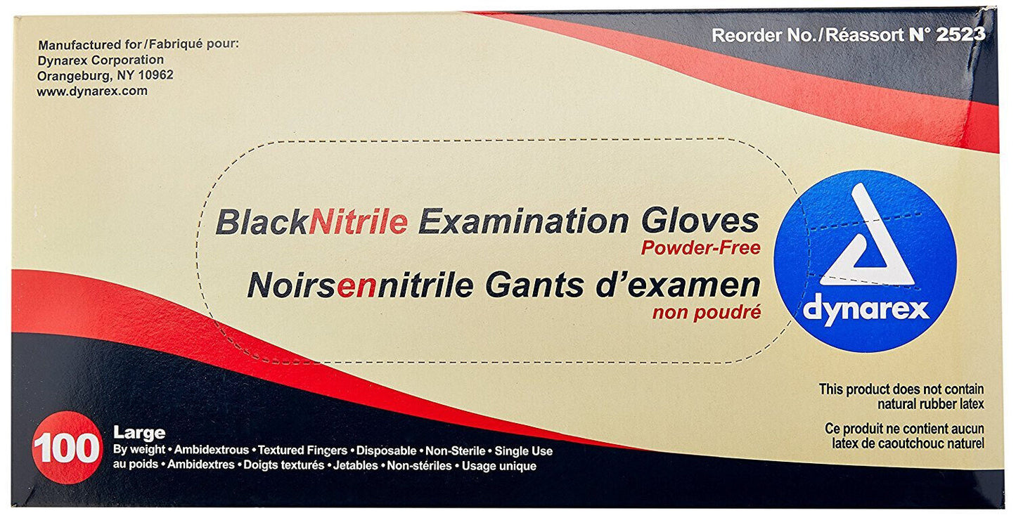 Dynarex Safe Touch Black Nitrile Exam Gloves, Powder Free, 100/Bx, Large 2523