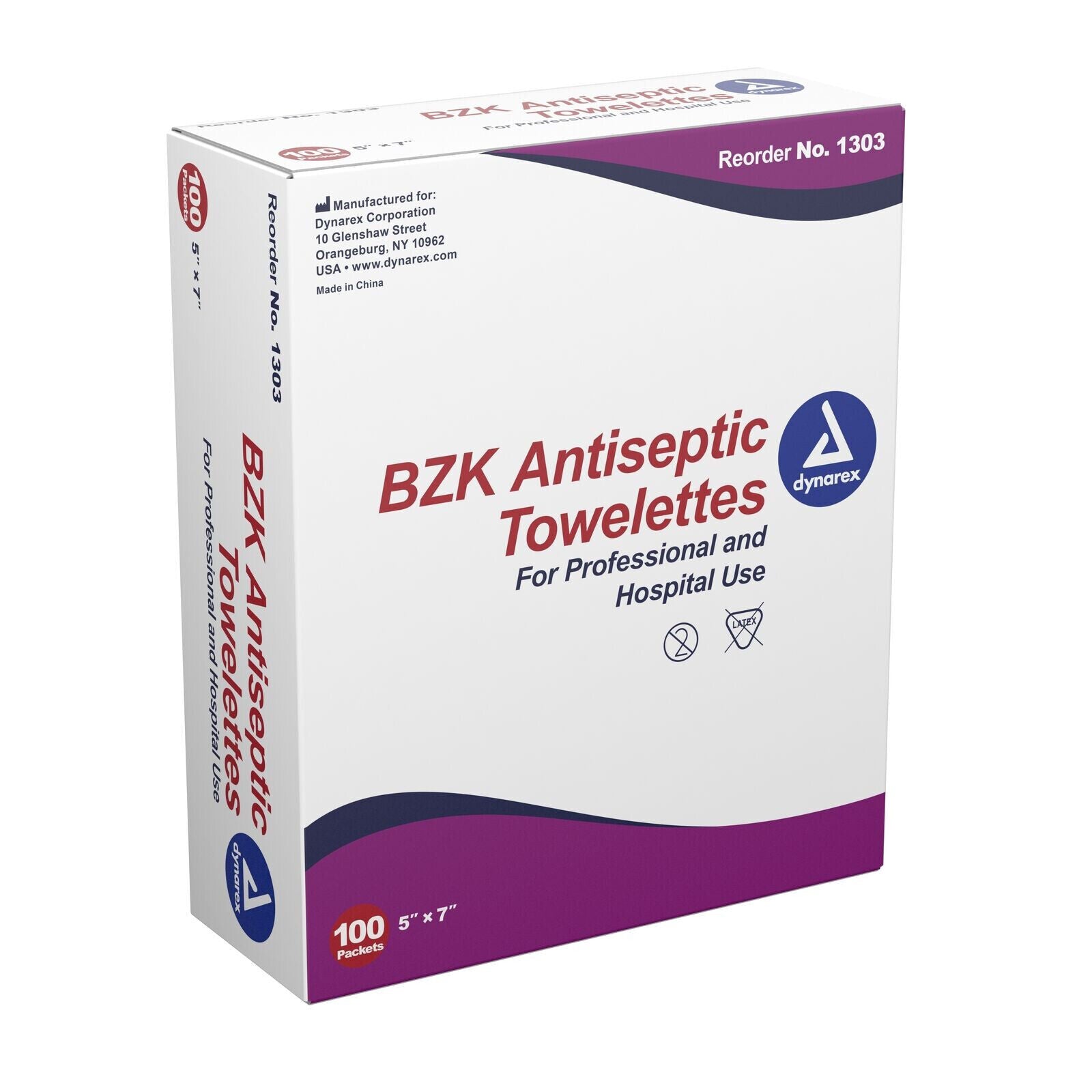 Dynarex BZK Antiseptic Washcloth Wipe Towelettes 5 x 7" 1303 1 Pack 100 Wipes