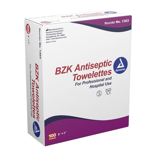 Dynarex BZK Antiseptic Washcloth Wipe Towelettes 5 x 7" 1303 1 Pack 100 Wipes