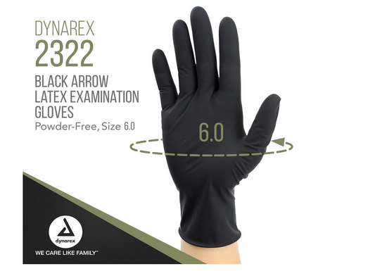 Dynarex Black Arrow Latex Exam Gloves, Medium, Powder Free, 100/box, 2322