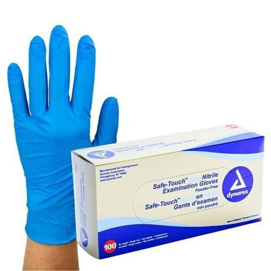 Dynarex Safe Touch Blue Nitrile Exam Gloves, Powder Free, Box of 100, Small