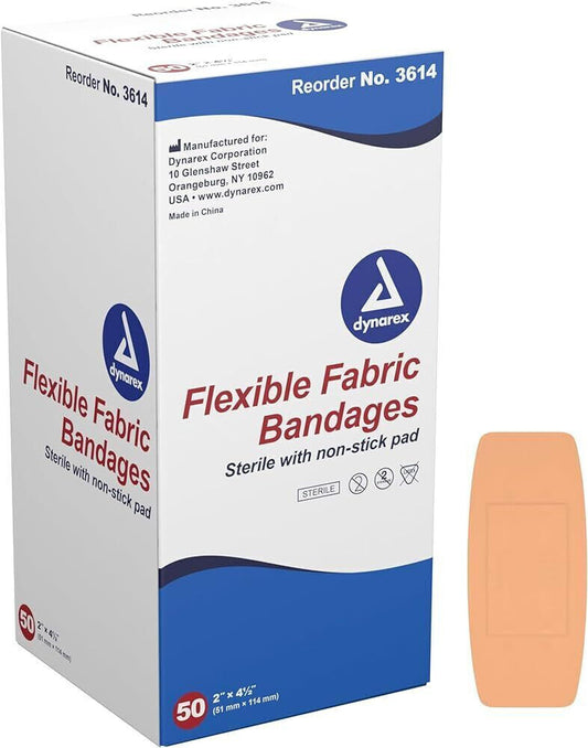 Dynarex 3614 Tan Fabric Adhesive Bandages Strips Band Aids 2 X 4.5” 50 Ct