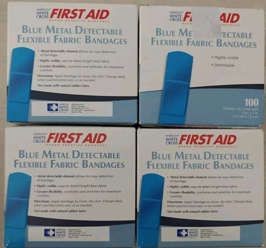 First Aid Blue Metal Detectable Flexible Fabric Bandages, 4 Boxes Of 100
