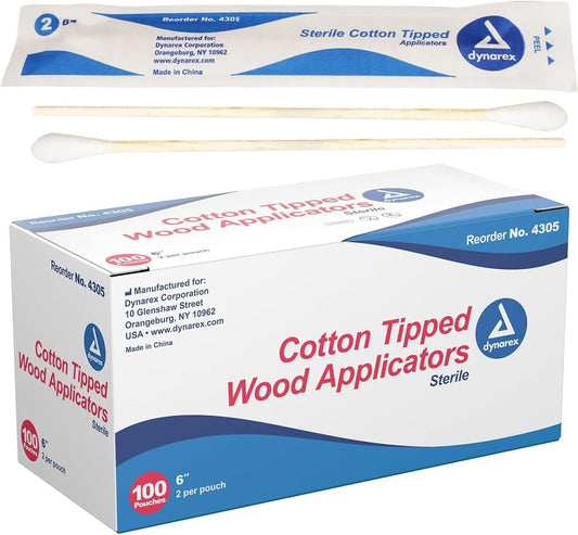 Dynarex Cotton Tipped Applicators Sterile 6" wood 100ct 4305