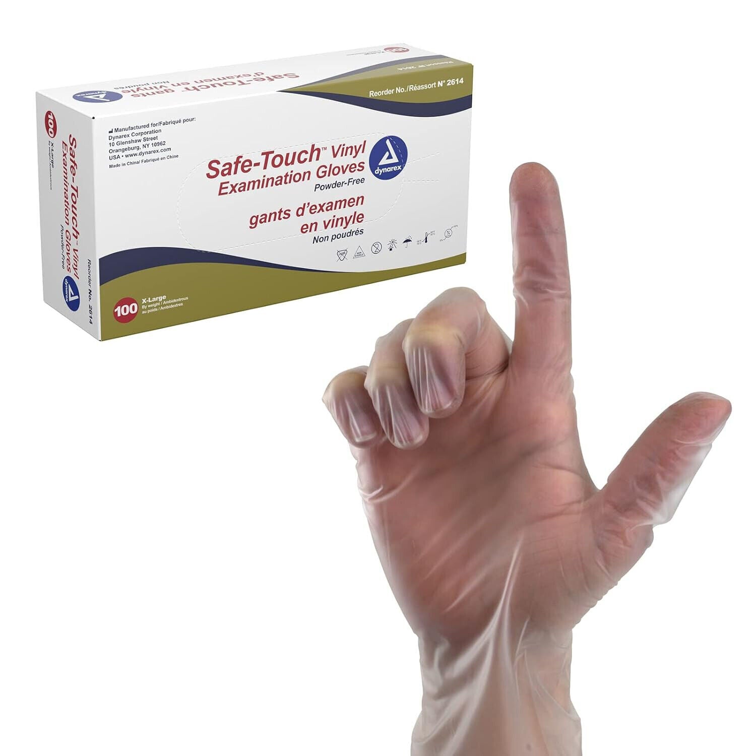 Dynarex Safe-Touch Vinyl Exam Gloves - Powder-Free 100/box 2614