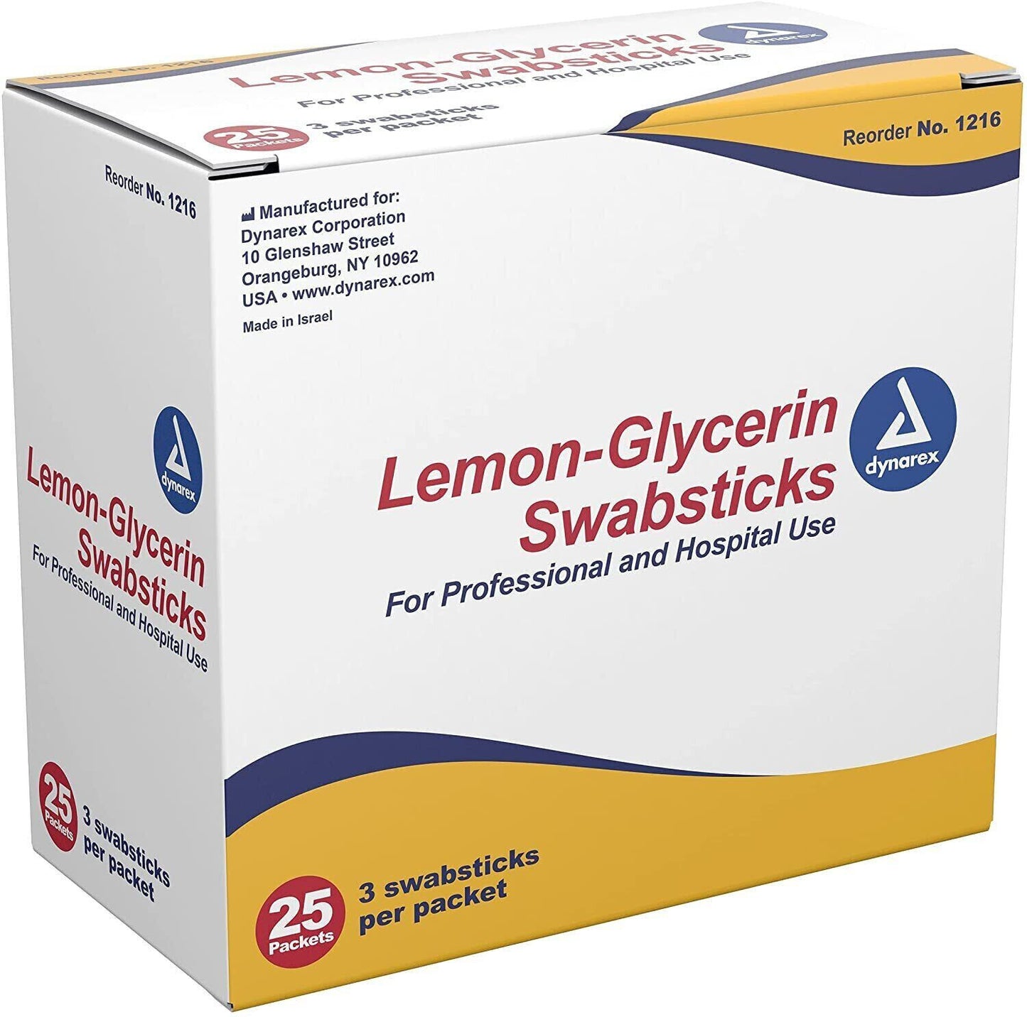 Dynarex 1216 Lemon-Glycerin Swabsticks (Packet of 3 Swabs) (Box of 25)