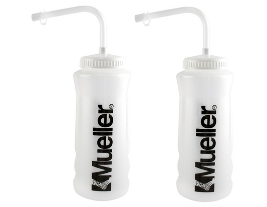 2X Mueller Quart Bottle w/Straw, Natural Color w/ Black Letters