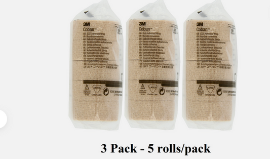 3M Coban Self-Adherent Wrap 1581, 1 Inch x 5 Yards - 5 Rolls per bag - 3 Pack