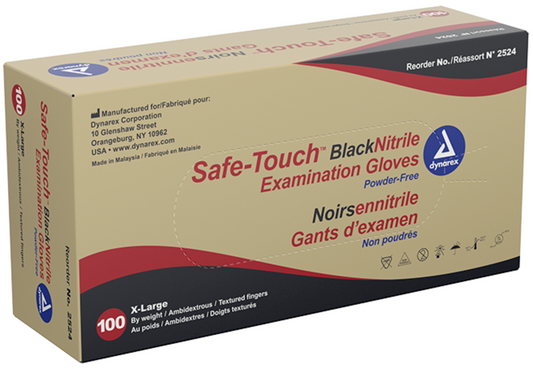 Dynarex Safe-Touch Black Nitrile Exam Gloves, Powder Free, XL - Box of 100